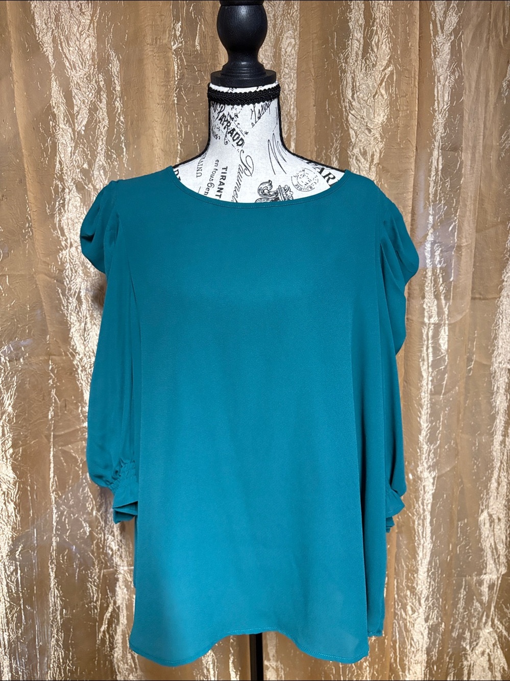 SHEIN Teal Puff-Sleeve Flowing Blouse